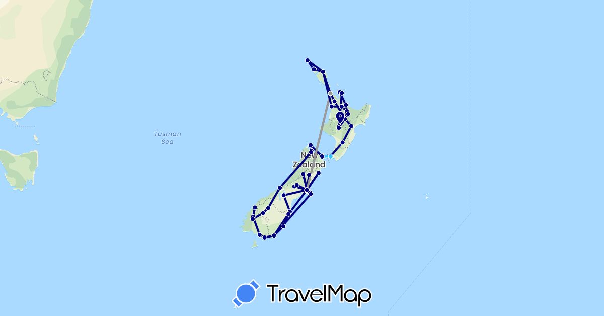 TravelMap itinerary: driving, plane, boat in New Zealand (Oceania)